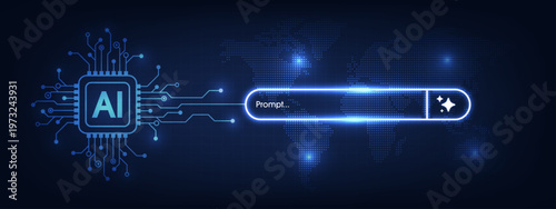 Futuristic AI chip and generative bar on a digital world map background. Machine learning and advanced global technology systems.  AI assistant and agentic AI systems. Vector illustration.
