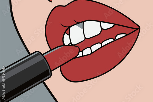 Woman Applying Red Lipstick in Pop Art Style
