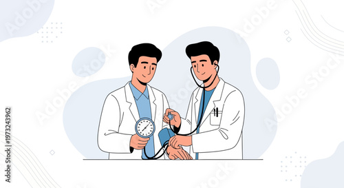Two doctors in white coats measuring blood pressure with a sphygmomanometer, medical checkup