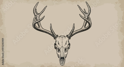 Majestic Stag Skull Illustration on a Faded Parchment Background