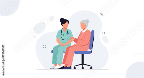 Nurse caring for elderly patient, illustration, medical support, home healthcare concept