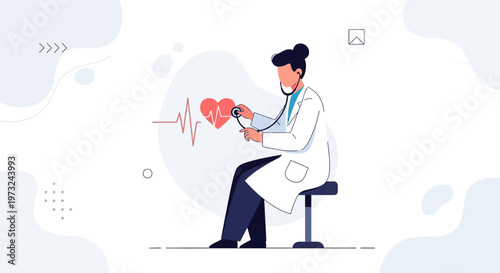 Doctor examining heart with stethoscope, heartbeat line, medical concept illustration