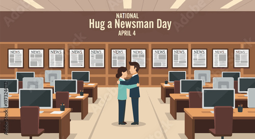 National Hug a Newsman Day April 4 Office Illustration, Journalist Hugging in Newsroom with Desks and Computers, Media Workplace Appreciation Concept Flat Vector Design