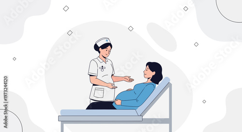 Nurse Consults Pregnant Woman Lying on Medical Bed, Healthcare and Maternity Care Illustration