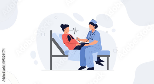 Nurse examines patient in hospital bed with stethoscope, heart monitor