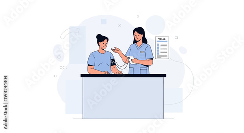 Nurse checks patient's blood pressure, vital signs chart in background, medical illustration
