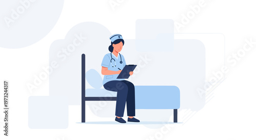 Nurse sitting on hospital bed writing on clipboard, medical concept illustration