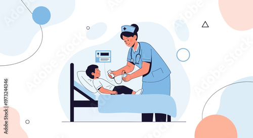 Nurse caring for a child patient in a hospital bed with medical equipment