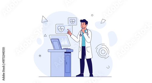 Doctor analyzing medical data on futuristic interface with heart rhythm display