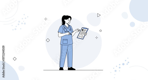 Female doctor with stethoscope holding medical chart, modern flat illustration