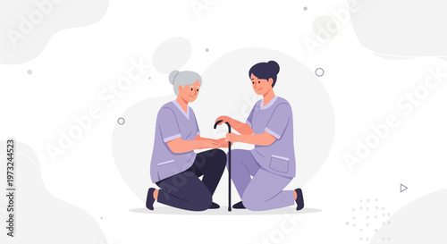 Nurse helping elderly woman with cane, caregiving, support, home healthcare, illustration