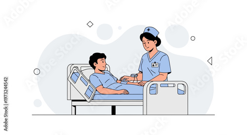 Nurse Caring for Patient in Hospital Bed with IV Drip - Medical Illustration