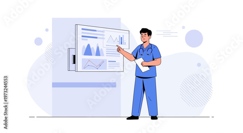Doctor presenting medical data analytics on a digital screen, healthcare technology concept