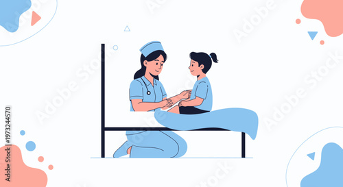 Nurse comforting child patient in hospital bed, healthcare illustration