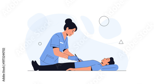 Nurse examining patient's abdomen with medical tool, vector illustration