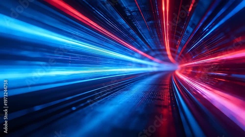 Abstract light tunnel with red and blue beams converging to the center