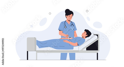 Nurse examines patient lying in hospital bed, medical care illustration