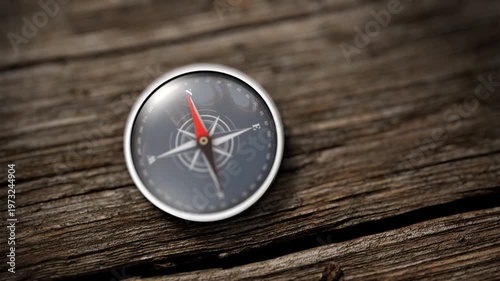 Close Up Compass Pointing North on Wooden Table Navigation Direction Concept 4K