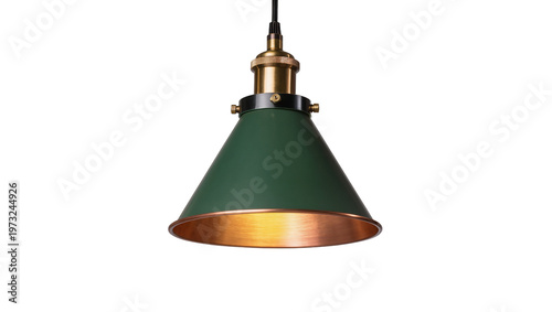 Isolated dark green industrial pendant lamp with glowing copper interior and brass holder