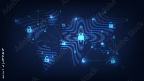 Concept of cyber security. Protection network on a futuristic world map background. Hacking risks and advanced protection strategies. Data security against online cyber threats. Vector illustration.