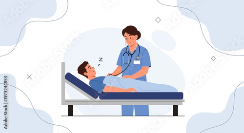 Nurse checks sleeping patient in hospital bed with stethoscope, medical care concept