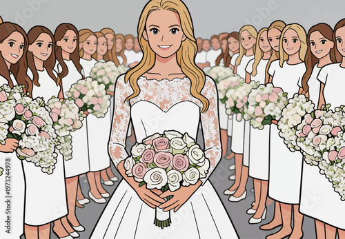 Bride with Bridesmaids in White Dresses Holding Bouquets
