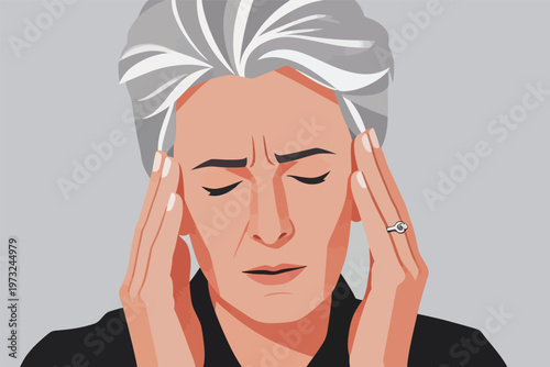 Senior Woman with Headache Holding Temples