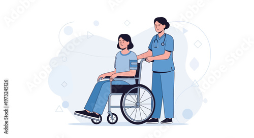 Nurse pushing patient in wheelchair, medical care, healthcare, hospital, assistance