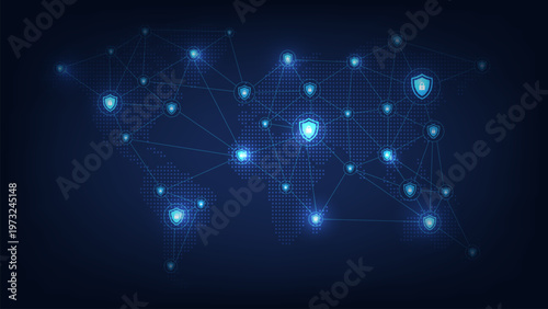 Concept of cyber security. Protection shield network on a futuristic world map background. Hacking risks and advanced protection strategies. Data security against online cyber threats. Vector.