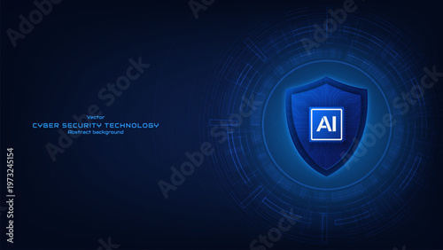 Concept of artificial Intelligence and security. Protection shield with AI chipset inside on a futuristic background. Data security against online cyber threats and viruses. Vector illustration.