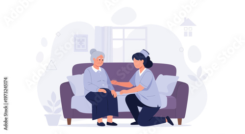 Nurse caring for elderly woman at home, illustration