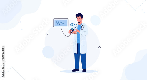 Doctor using smartwatch to monitor patient's heartbeat on screen, healthcare technology