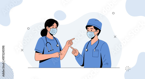 Two doctors in blue scrubs and face masks pointing at each other, discussing medical issues.