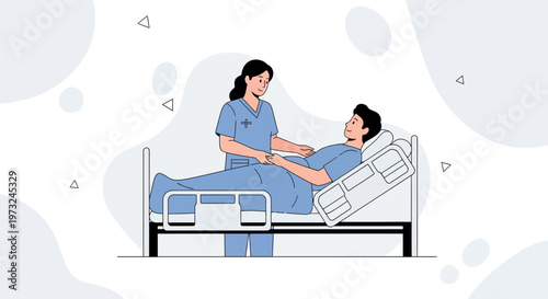 Nurse caring for patient in hospital bed, medical illustration, healthcare concept
