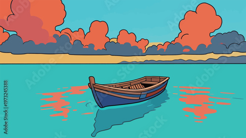 Boat on Calm Water with Colorful Sunset Clouds