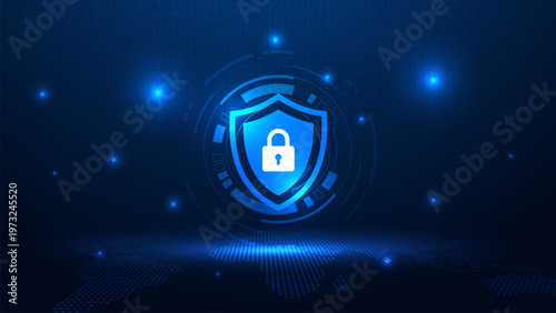 Concept of cyber security. Protection shield with a padlock inside on a futuristic background. Hacking risks and advanced protection strategies. Data security against online cyber threats. Vector.
