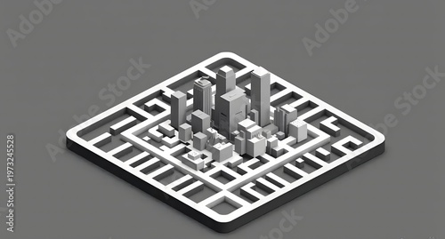 A detailed, three-dimensional monochromatic cityscape model featuring numerous skyscrapers and high-rise buildings clustered together. 