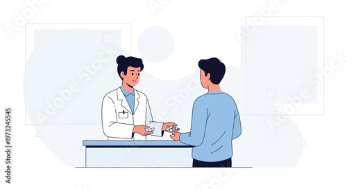 Pharmacist giving medicine to patient at counter, healthcare consultation, medical service