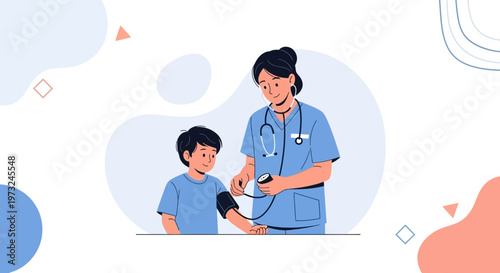 Nurse checks child's blood pressure, medical checkup illustration