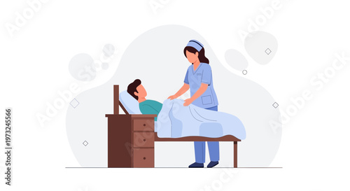 Nurse caring for patient in hospital bed, medical assistance, healthcare concept