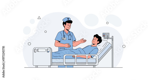 Nurse Caring for Patient in Hospital Bed, Medical Consultation Illustration