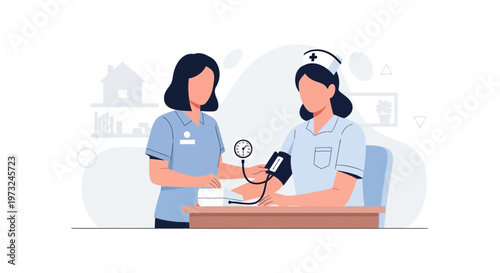 Nurse checking patient's blood pressure with sphygmomanometer, medical checkup illustration