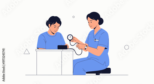 Nurse checking patient's blood pressure with sphygmomanometer, medical checkup illustration