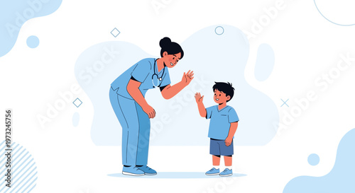 Nurse Waving Hello to Child, Healthcare Concept Illustration