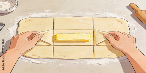 Close-up of a woman using her hands to roll fresh dough on a wooden kitchen table near a knife and cutting paper for home cooking