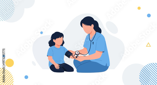 Nurse taking child's blood pressure, medical checkup, healthcare concept illustration
