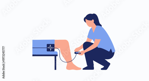 Doctor checks patient's leg with medical device displaying heart rhythm