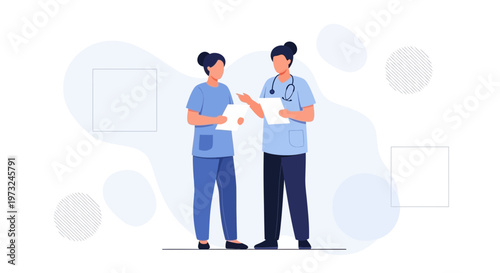 Two nurses discussing medical charts, modern flat illustration, healthcare concept