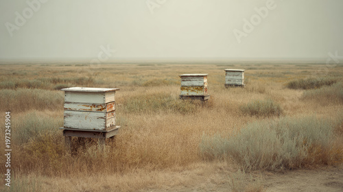 Beehives stand in dry backyard field showing honey production in rural landscape with muted colors and calm atmosphere under hazy sky