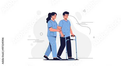 Nurse assisting patient with walker, rehabilitation and care concept